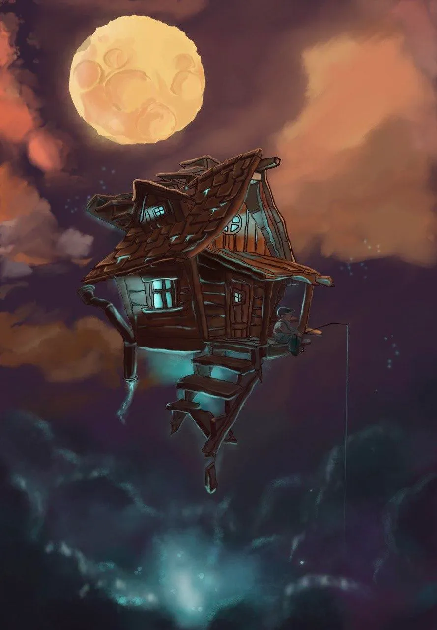 A crooked wooden house floating in the clouds under a full moon.