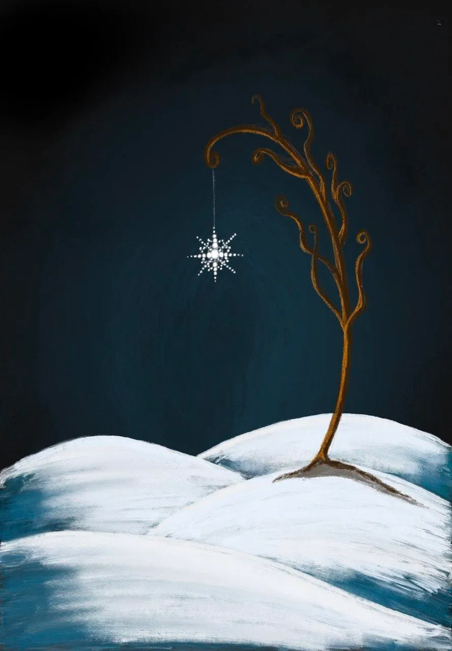 A bare tree on snowy hills with a star hanging from its branch.