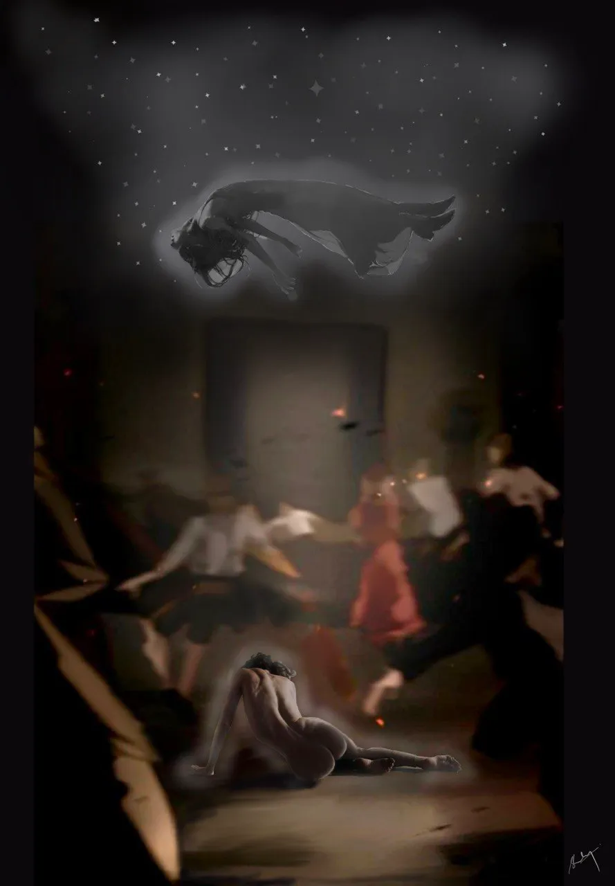 A blurred room of people dancing. Above them, a figure floats among stars.