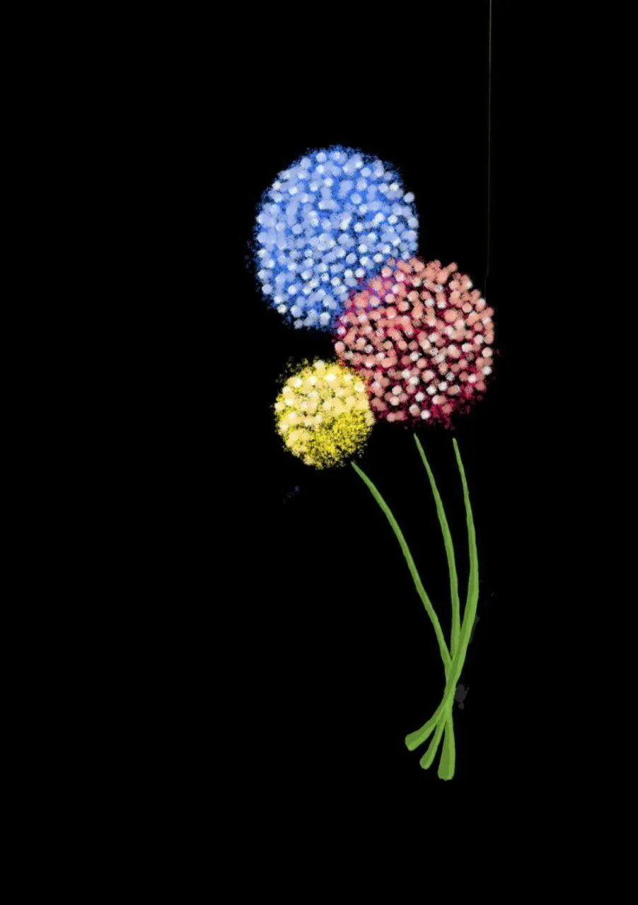 Three round, fluffy flowers in blue, pink and yellow on a black background.