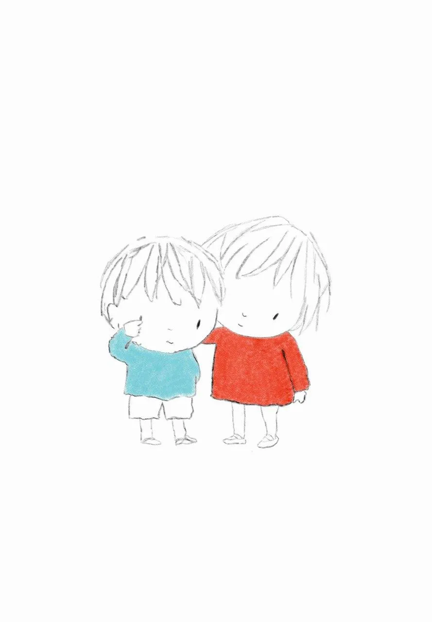 A pencil drawing of two children. One, in red, has an arm around the other, who is crying.