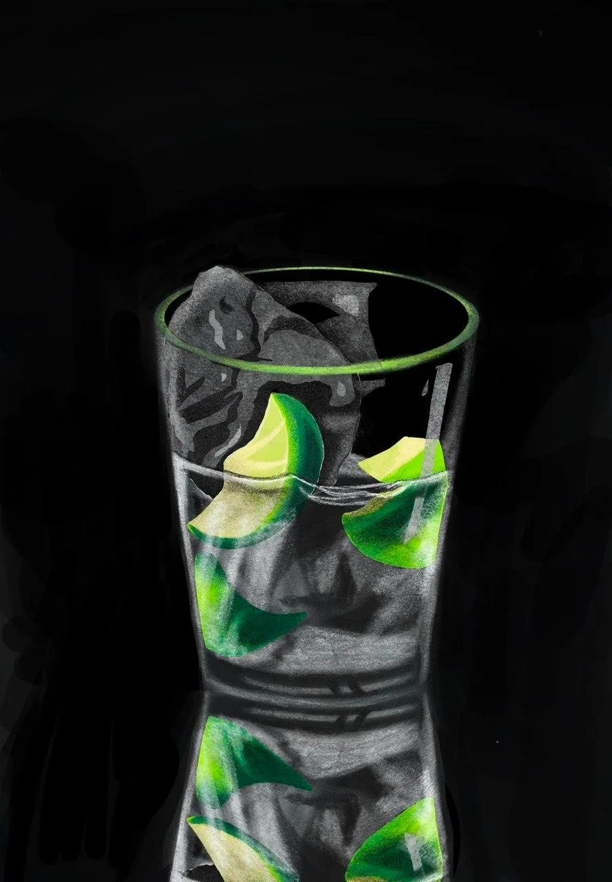 A glass of ice and lime wedges on a black background.