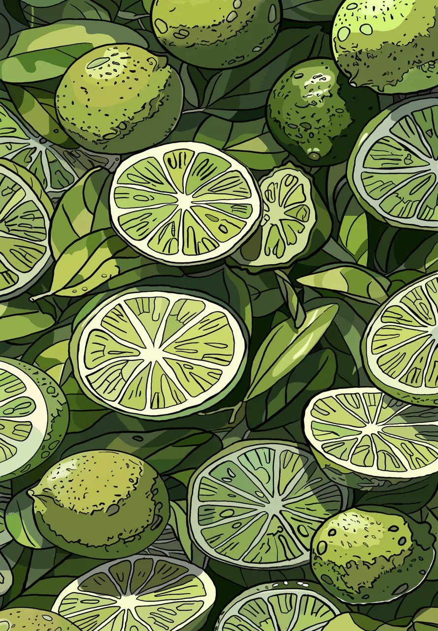 A pattern of whole and sliced limes and leaves.