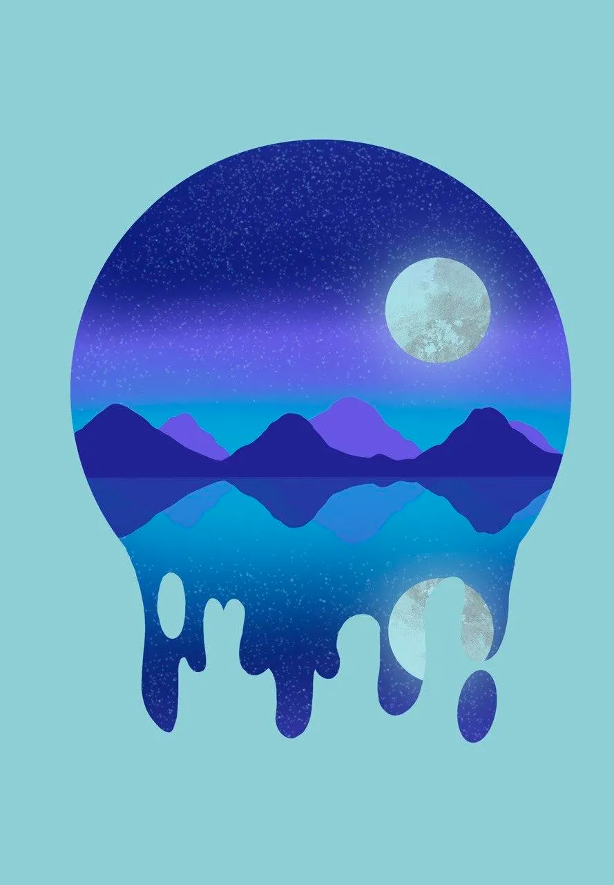 A circle containing a night sky, a moon and purple mountains. The bottom of the circle drips like paint.