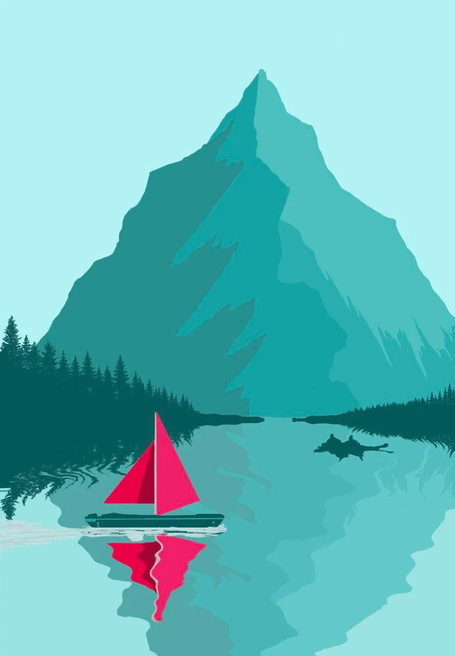A red sailboat on a still teal lake below a single mountain.