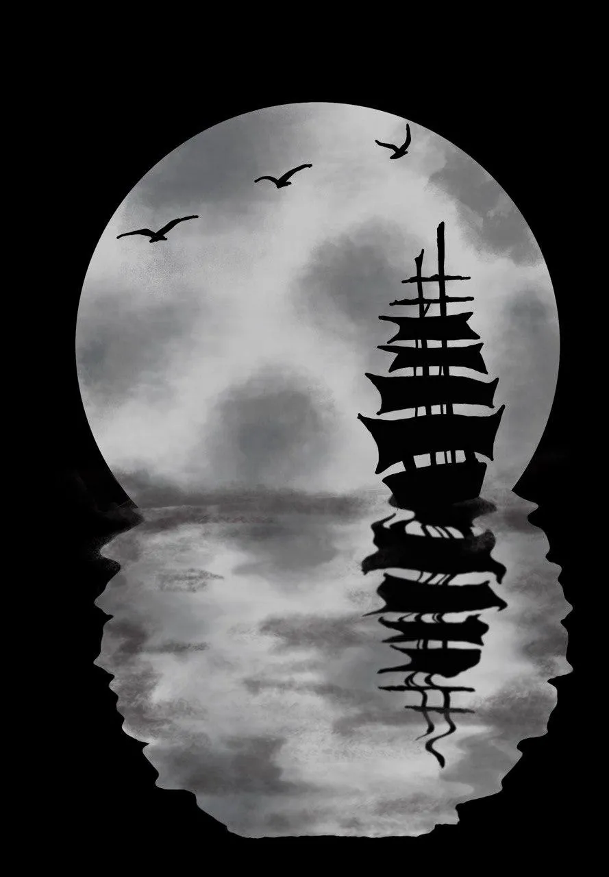 The silhouette of a sailing ship in front of a large grey moon, reflected in the water.