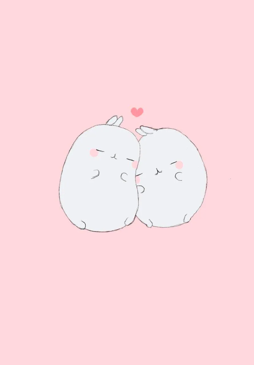 Two white rabbits cheek to cheek on a pink background.