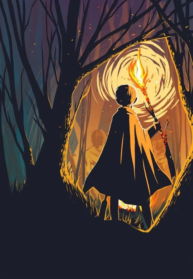A cloaked figure holding up a torch in a dark forest, inside a glowing orange ring.