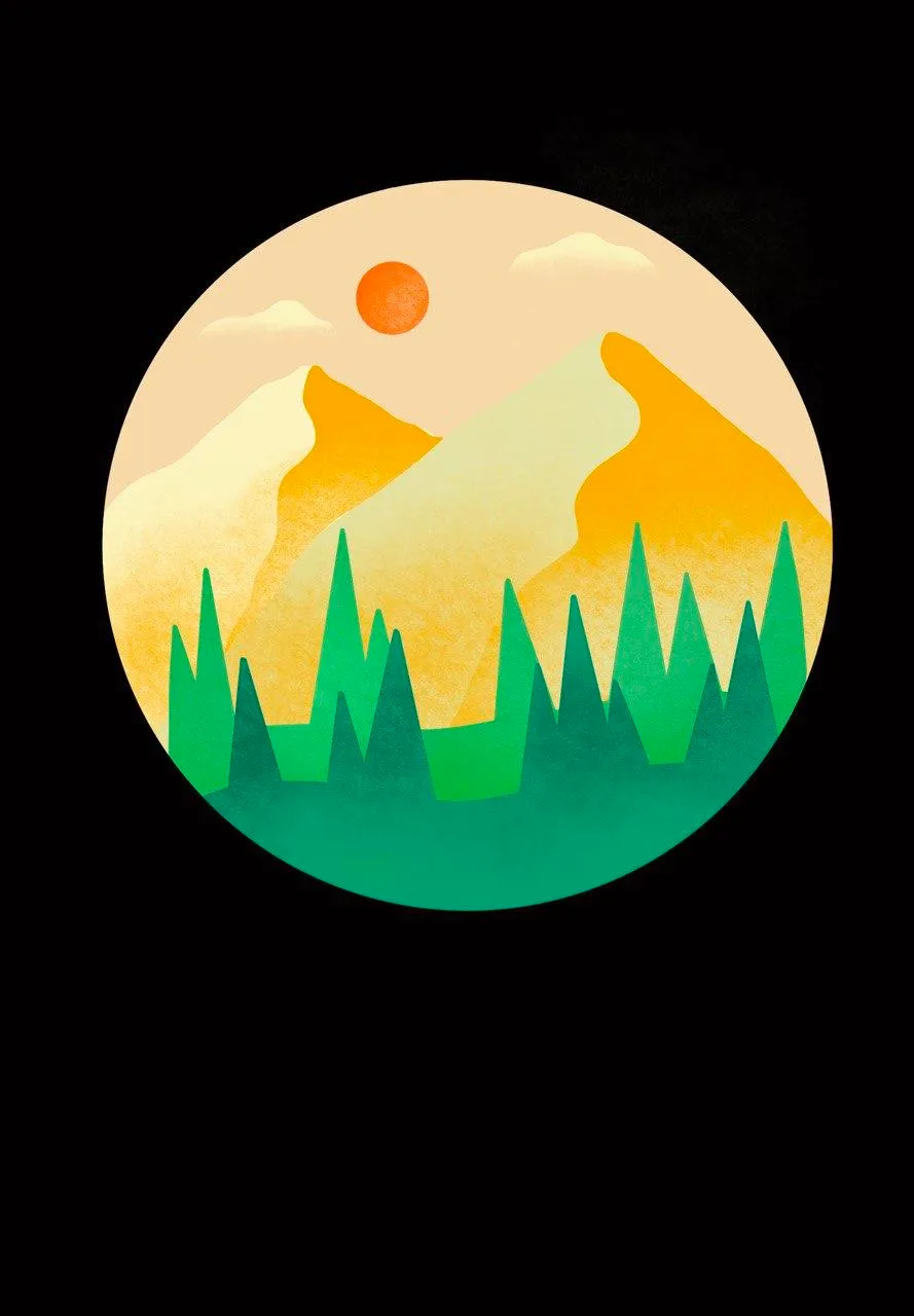 A circle containing yellow mountains, a small sun and green pine trees, on a black background.