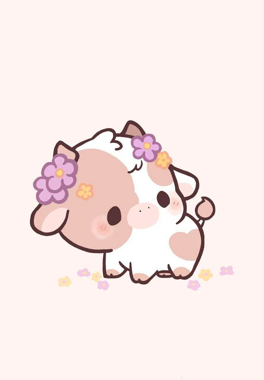 A cartoon cow with purple flowers by its ear.