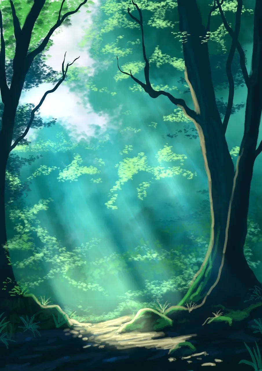 Sunlight falling in wide beams through a green forest onto a path, with dark tree trunks in the foreground.
