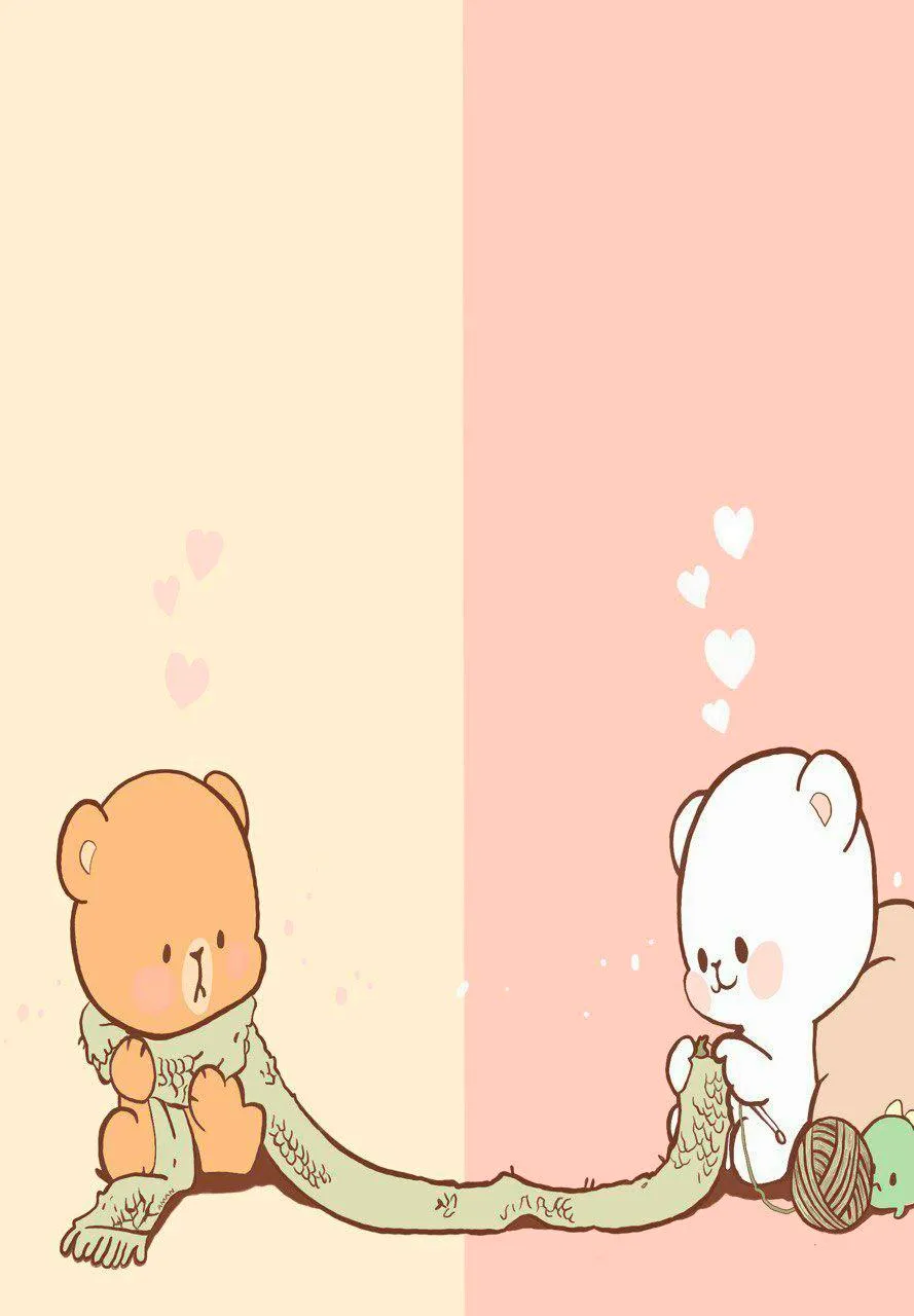 A brown bear and a white bear knitting the two ends of one long scarf.